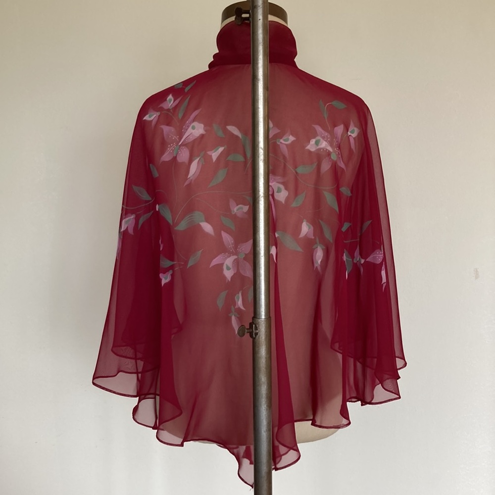 70s 2-piece set, maxi sleeveless dress and sheer floral capelet, burgundy, S - Picture 15 of 16